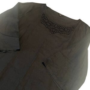 Talbots Black Beaded Linen Flare Long Sleeves Dress Size Large